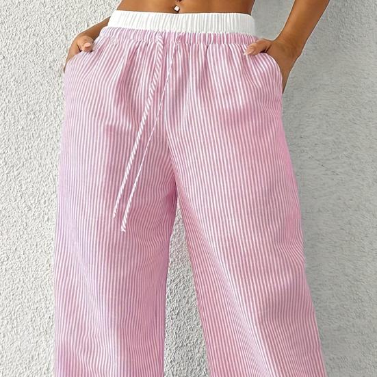 Women Pants Wide-Leg Casual Pants Elastic Waist Adjustable Drawstring Striped Design