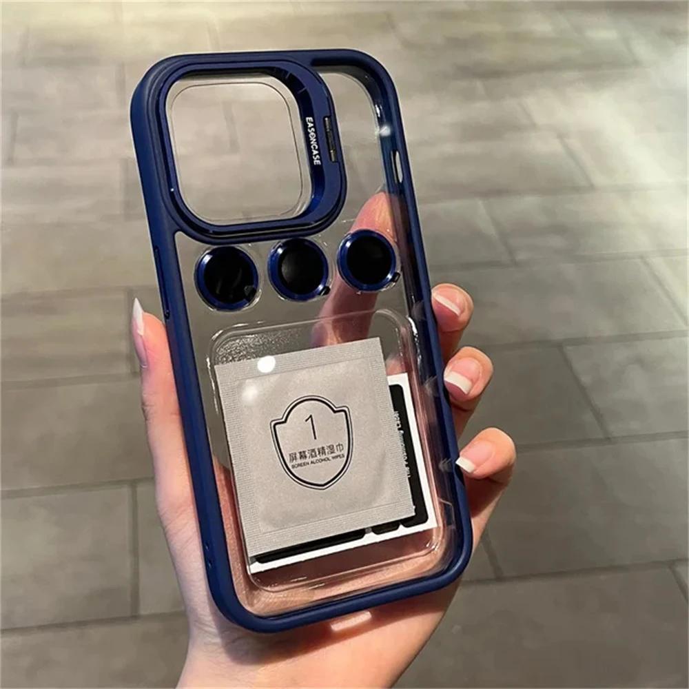 Transparent Shockproof Lens Protector Stand Case for iPhone 11-15, Camera Glass Protection, Metal Ring