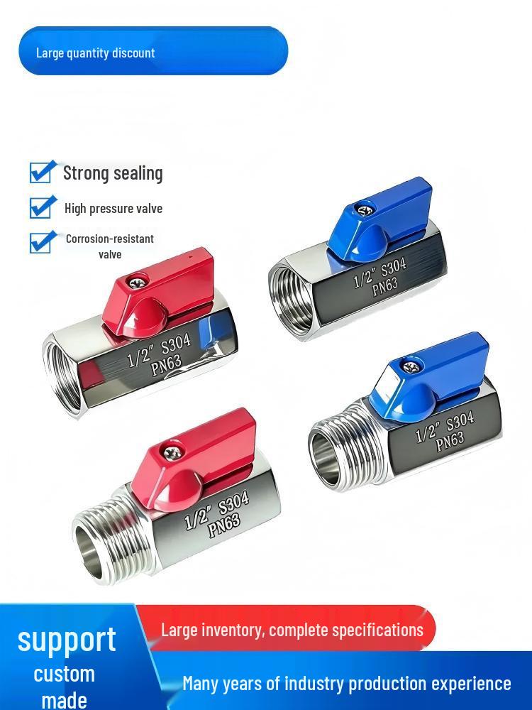 304 Stainless Steel Sanitary Mini Ball Valve, Internal/External Thread, High Pressure, 1/8"-3/4" Sizes, Open Pagoda Design