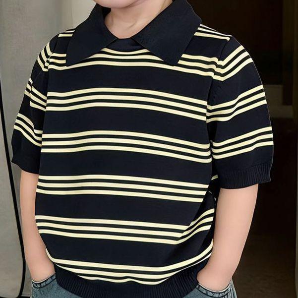 Summer Kids Old Money Classic Striped Knit Short Sleeve T Shirt Korean Versatile Boys Girls Top 90