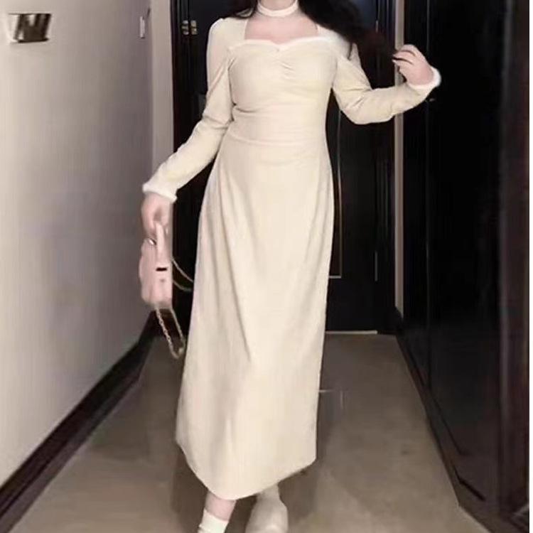Large size French design square neck long sleeve front shoulder dress women's winter fat mm waist thin inner bottom skirt