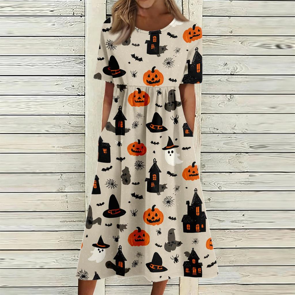 Women's Halloween Print Casual Fashion Round Neck Pocket Midi Dress Comfortable Loose Fit Short Sleeve Dress for Everyday Wear