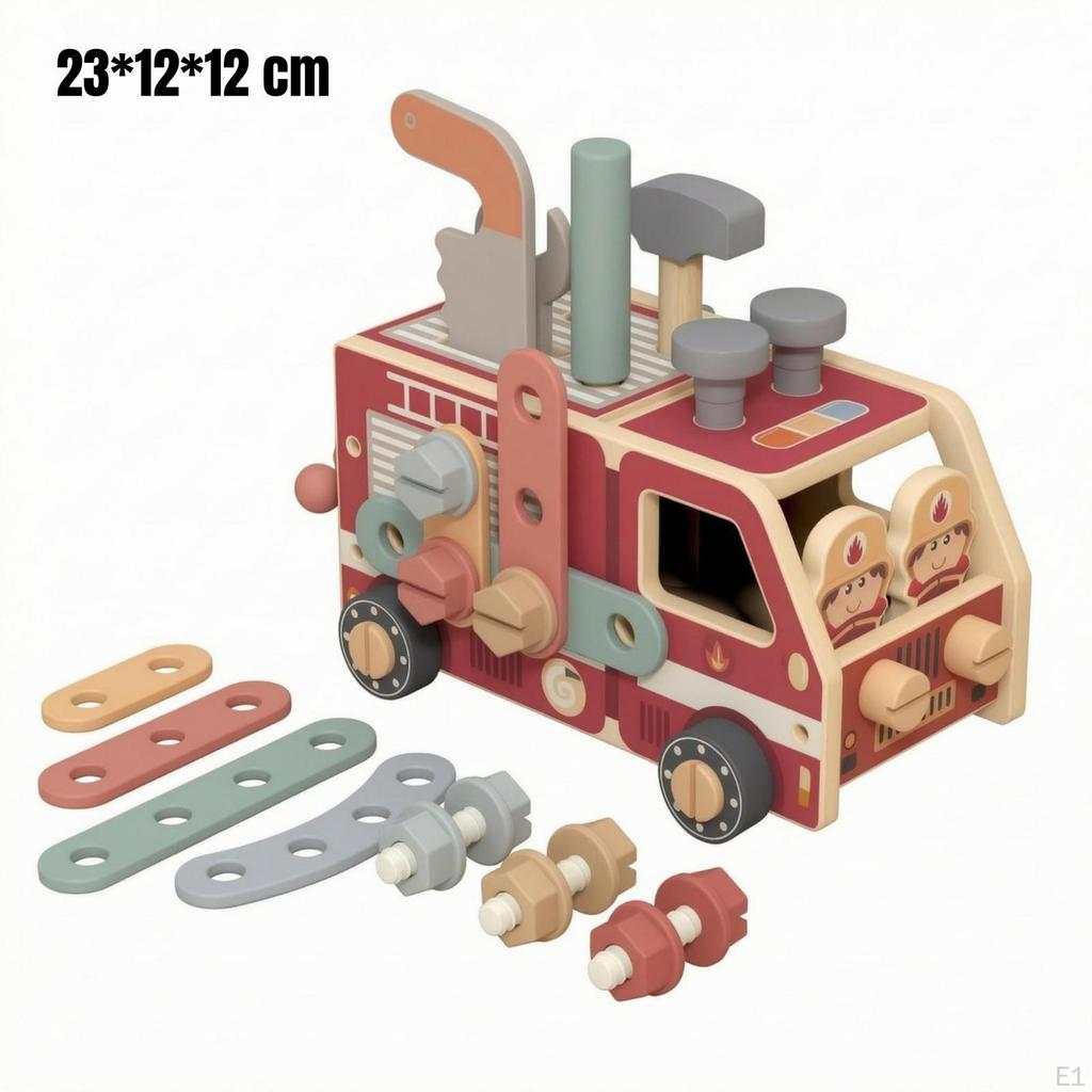 Wooden Screw Toy Vehicle Removable Parts Nut and Bolt Painted Fire Truck
