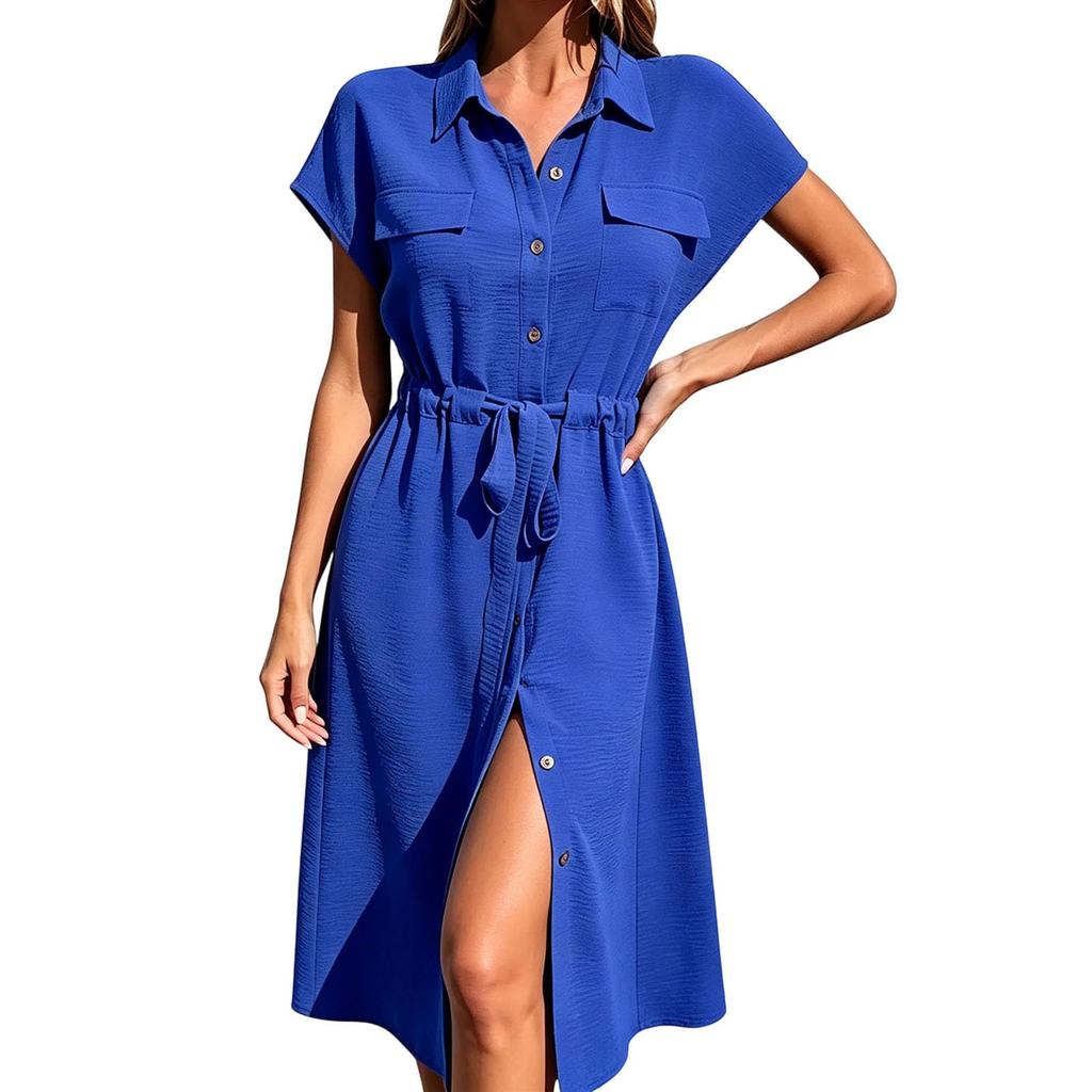 Women's Casual Button Down Shirt Dress with Waist Tie and Short Sleeves Midi Length Relaxed Fit Lightweight Fabric