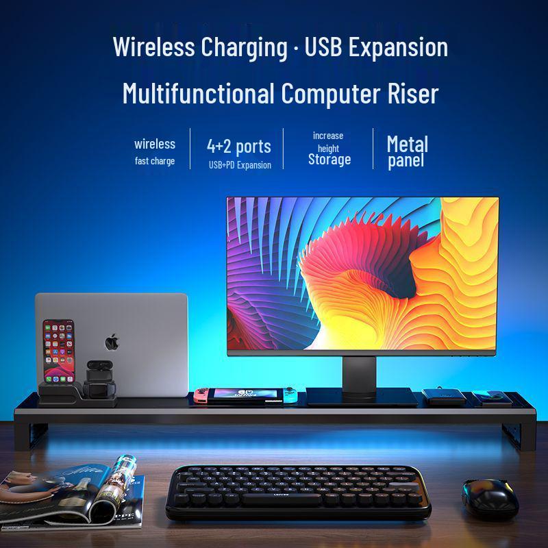 USB-Enhanced Multifunctional Computer Monitor Riser and Desktop Organizer