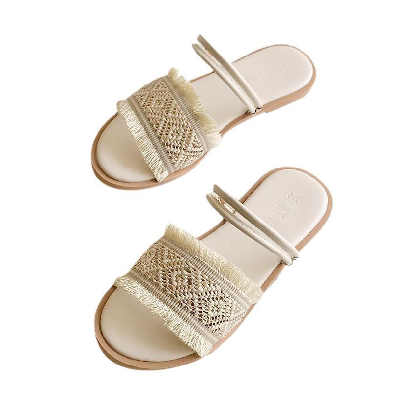 2025 summer new Korean version fashion versatile two wear woven travel vacation beach shoes flat cool slippers outside