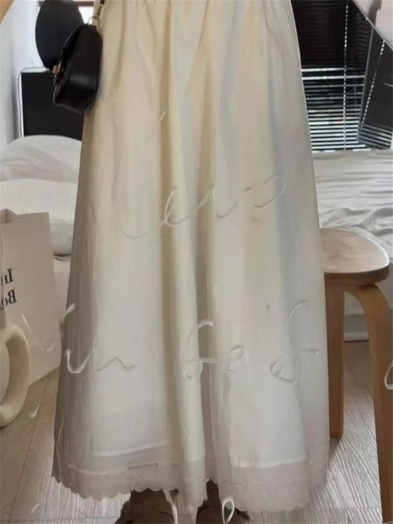 2026 New Arrival: High-End Korean Style White Lace Trim Midi Skirt for Petite Women - A-Line Umbrella Design