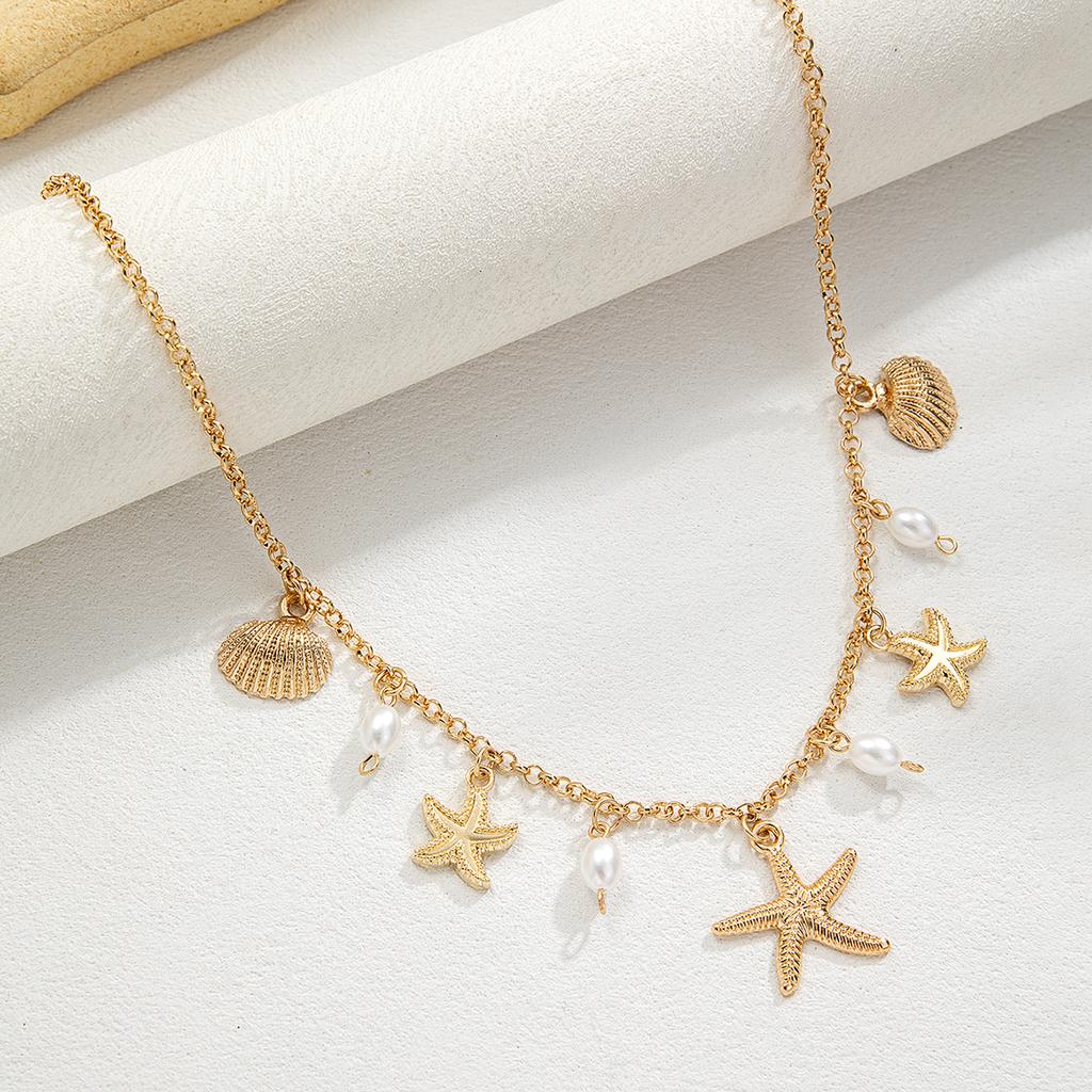 Holiday beach style starfish pendant shell imitation pearl tassel beach element alloy women's necklace