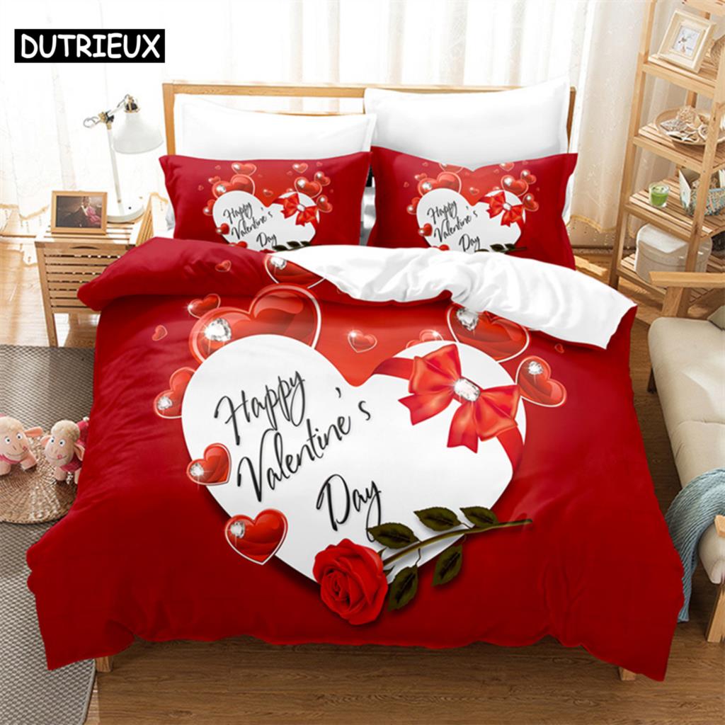 3D potisk červené růže - 3dílná sada povlaku na přikrývku, k dispozici ve velikostech King, Queen, Full, Single & Double