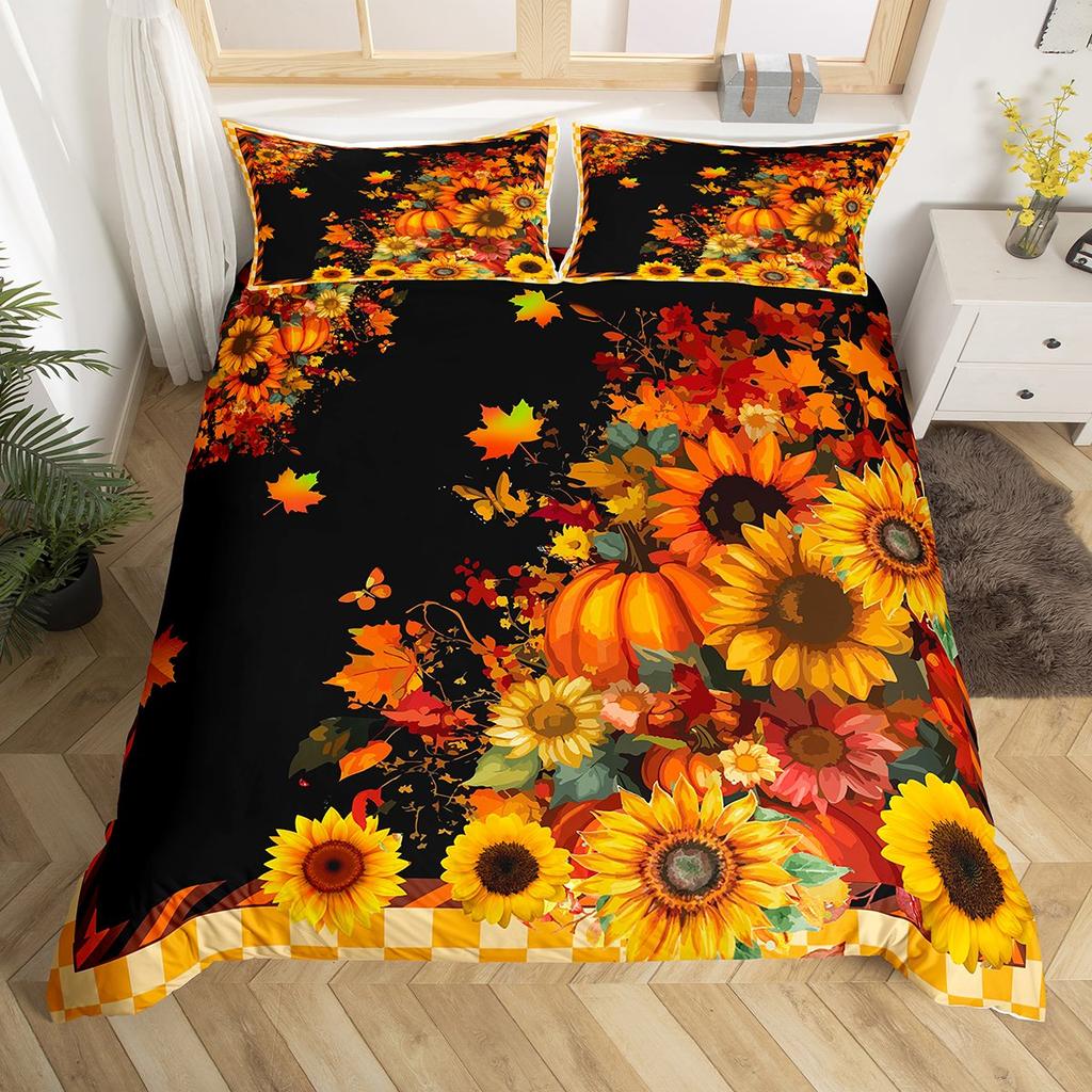 Homewish Autumn Leaf Flower Duvet Cover Set For ChildHalloween Fall Pumpkin Bedding SetRustic Wooden Plank Bed Set