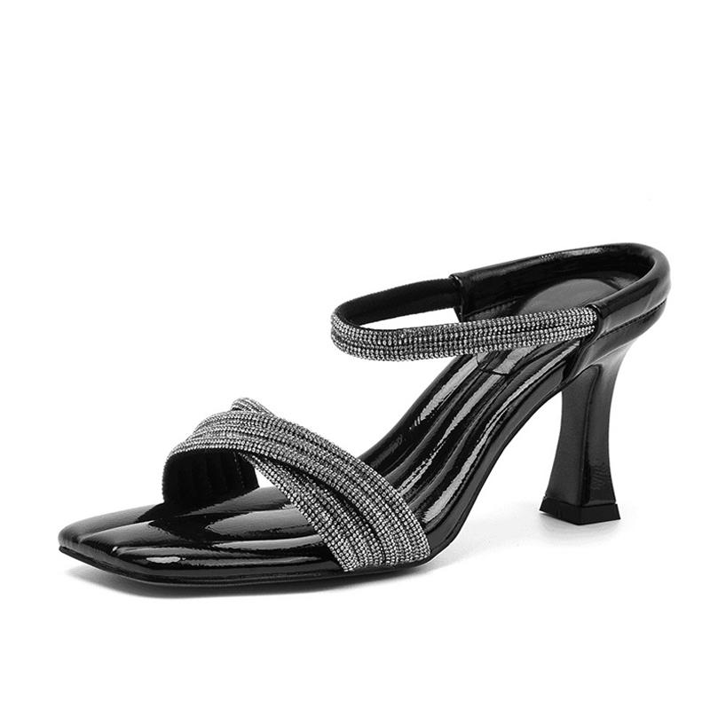 

Fashion Liyke Brand Fashion Sequined Rhinestone Narrow Band Women Slippers Soft Cozy Square Toe Low Heels Slides Shoes Gladiator Sandals 35 чёрный