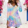 Women Plus Size V Neck Long Sleeve Printed A Line Dress Black Blue Purple Green