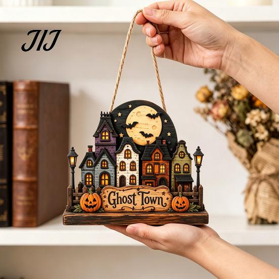 Decorative Wooden Pendant for Party Halloween House Hanging with Hemp Rope Wall Door Haunted Decoration Decoration, Castle Ornaments Pumpkin
