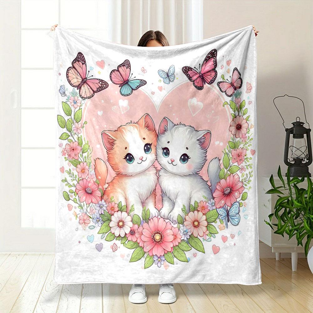Cute Kittens with Flowers and Butterflies Patterned Blanket, Flannel, Suitable for All Seasons, Home Decor, Warm and Cozy