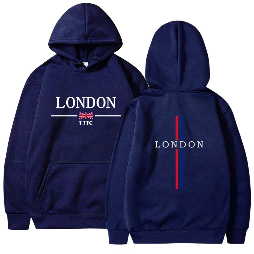 Men's Autumn and Winter Casual Sporty Pullover with the British Flag and the Word "London" Printed, Harajuku Fashionable Hoodie