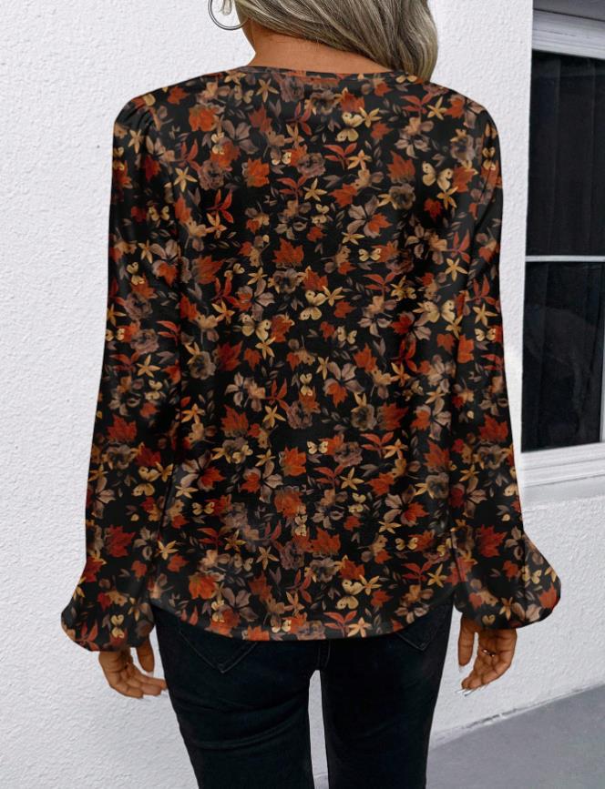 2025 European & American V-neck Long Sleeve Printed Casual Shirt for Women - Spring/Autumn