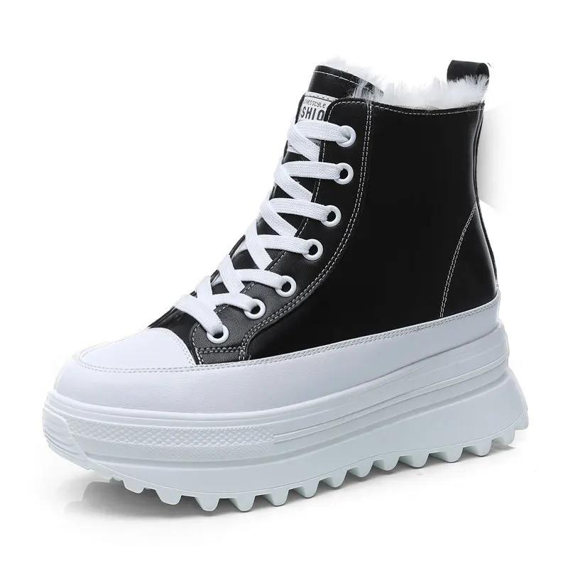 Fashion 7CM Genuine Leather Ankle Boots Casual Chunky Sneakers Winter Plush Boots Spring Autumn Platform Wedge Hidden Heel Women Shoes