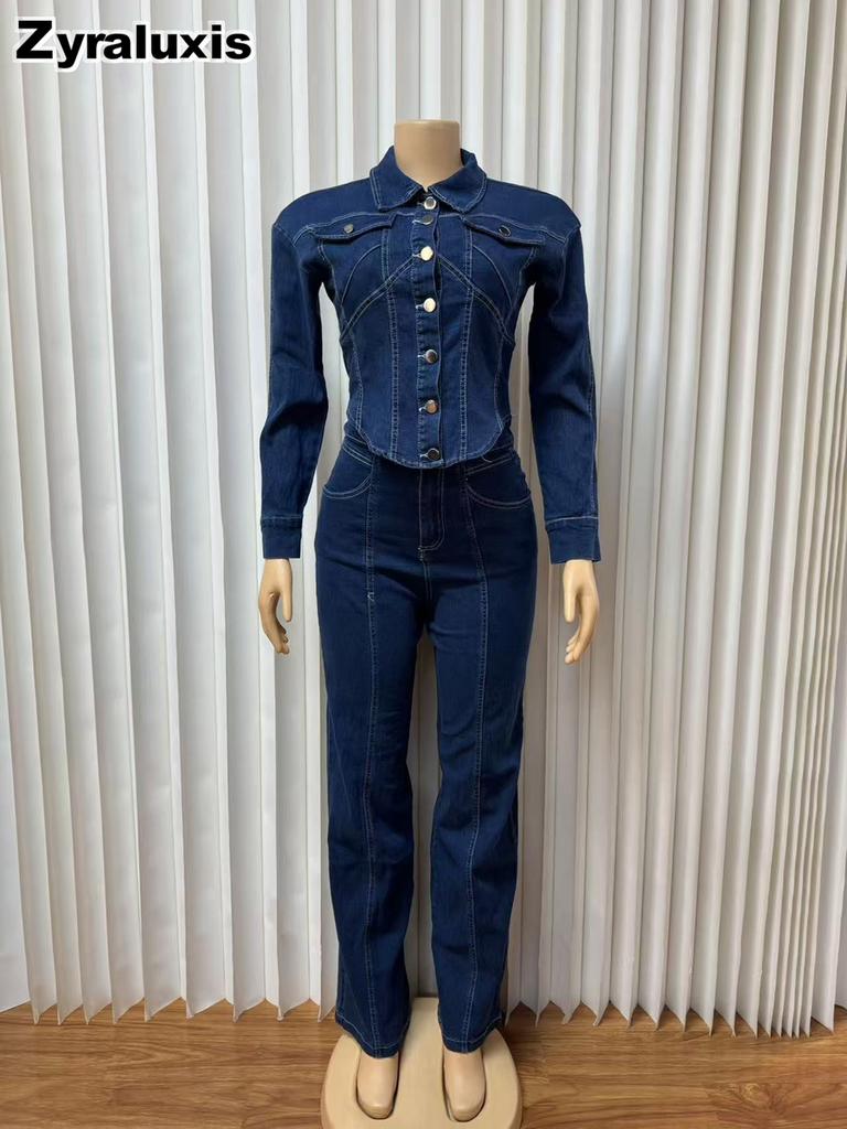 Damski Butik Modowy Design Jeansowy Zestaw Nowa Koszula z Długim Rękawem Spodnie z Szerokimi Nogawkami Dwuczęściowy Strój