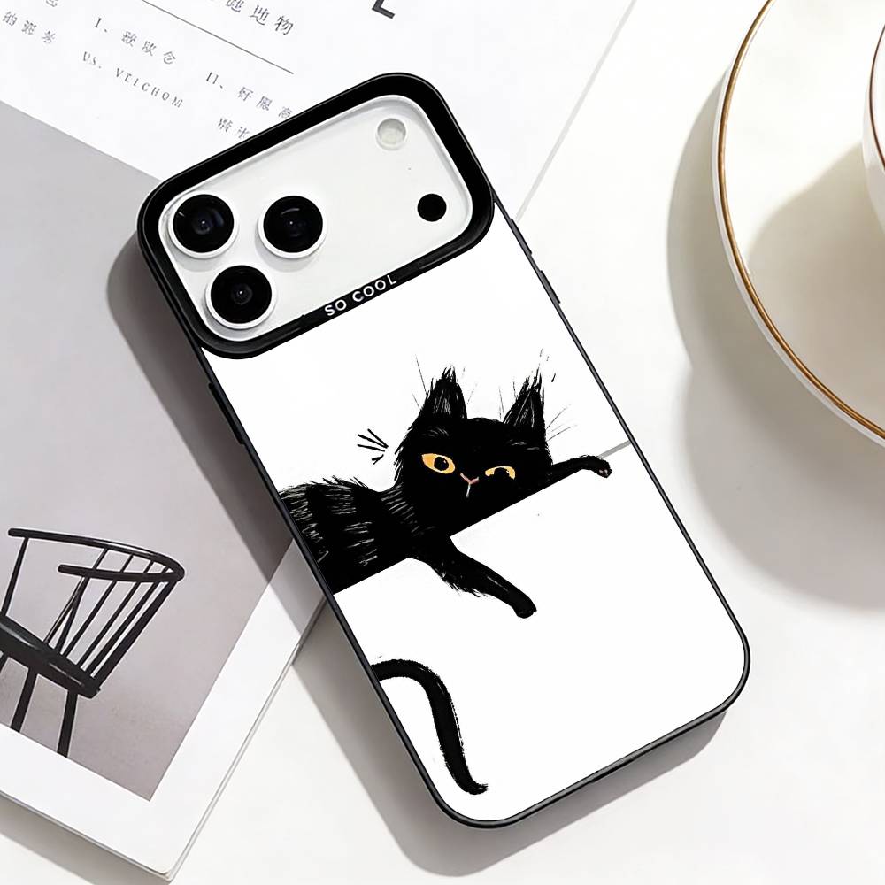 Cute Cat Art Prints Phone Case For iPhone17,16,15,14,13,12,Pro Max Black Colorful Phone Case