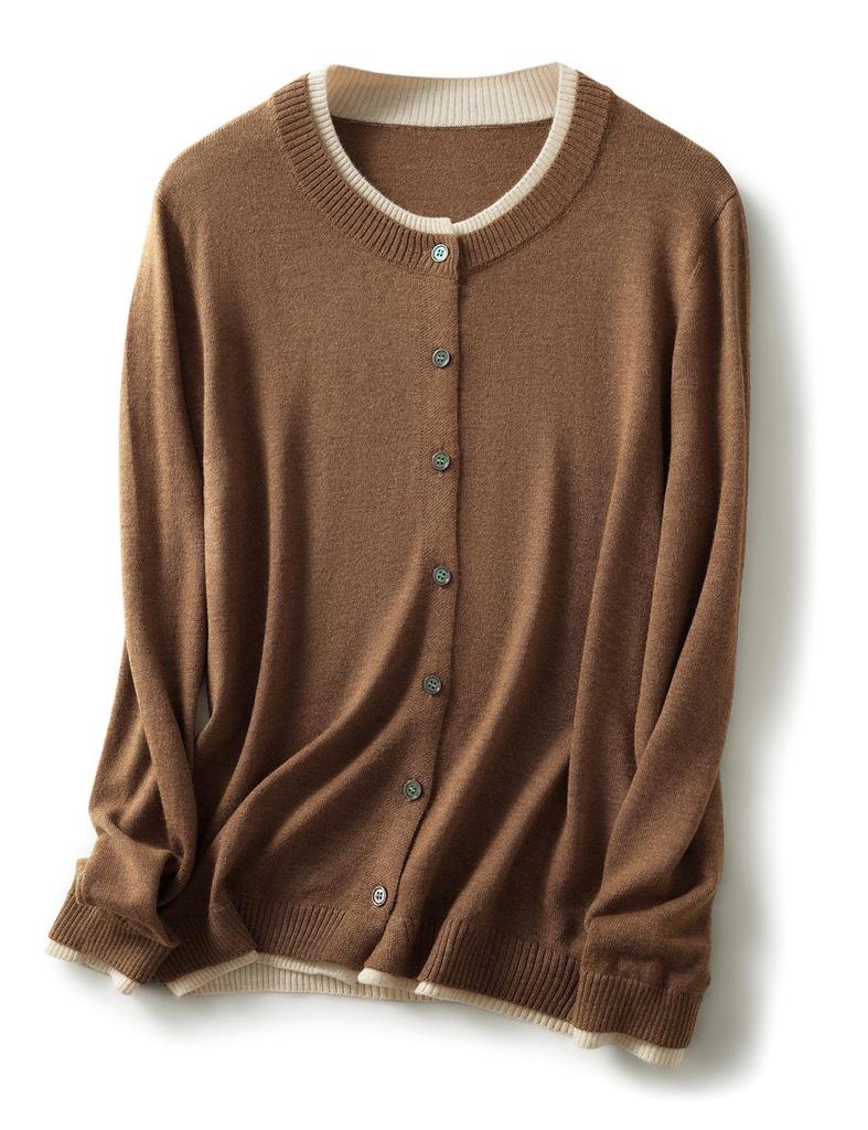 2025 A/W Women's Color Block Knit Cardigan - Fake Two-Piece, Round Neck, Long Sleeve, Loose Fit Sweater Coat