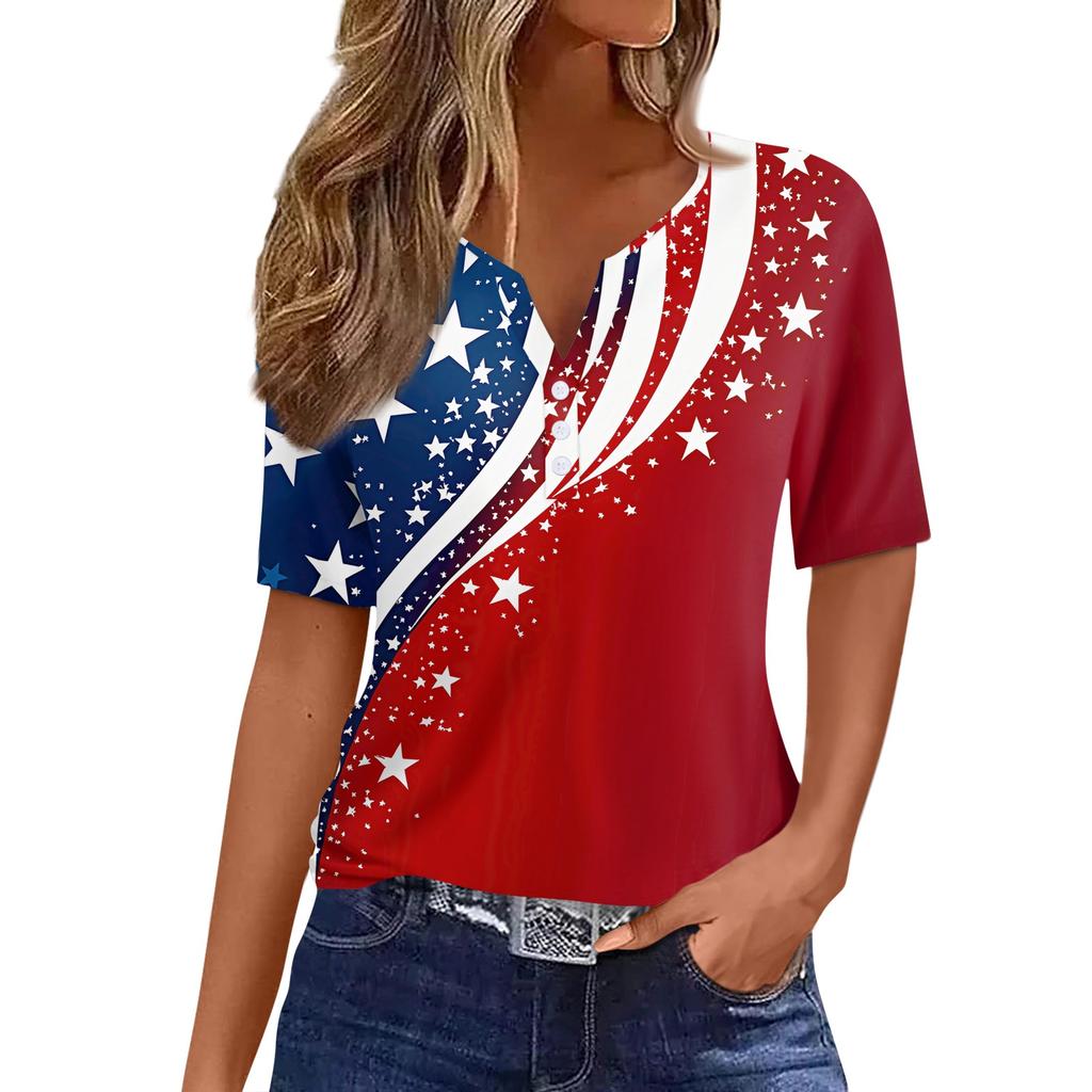 Women's T Shirt Independence Day Print Button Short Sleeve Daily Weekend Fashion Basic V- Neck Regular Top