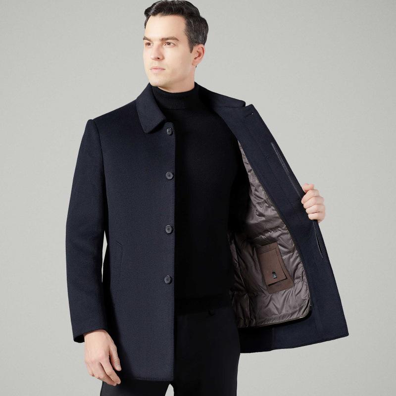 Men's Winter Wool Double-Faced Trench Coat with Down Liner and Cashmere Lapel
