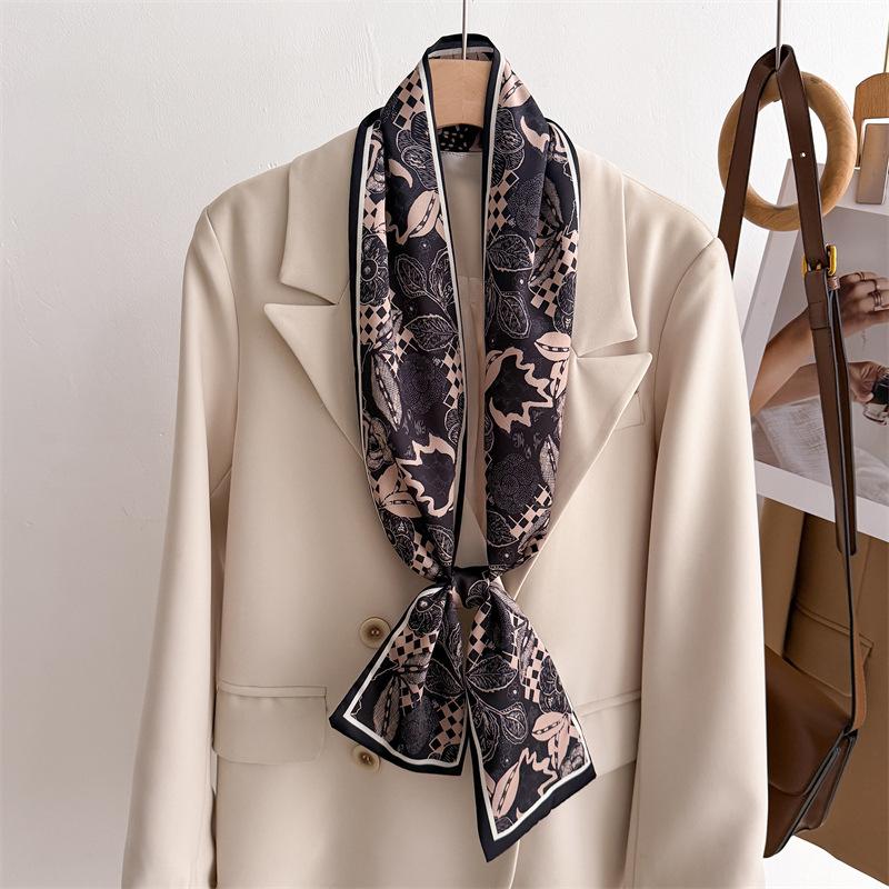 New temperament double-layer scarf streamer strap bag decoration suit scarf small long headband silk scarf women's printing narrow