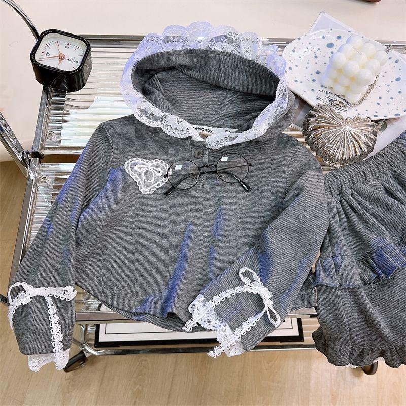 Spring Girls' Lace Hooded Sweatshirt & Skirt Set