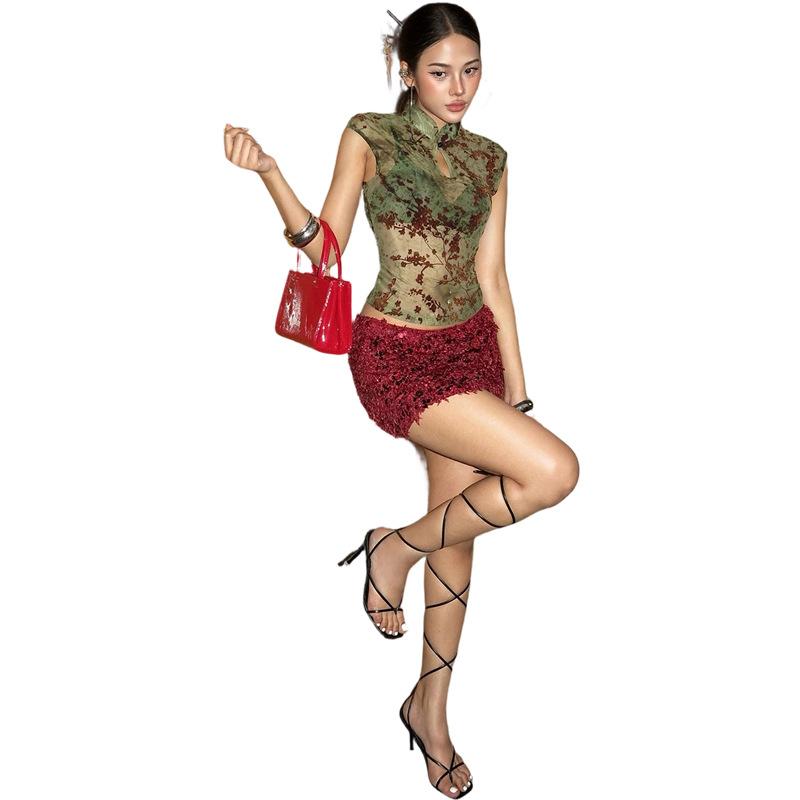 European and American spring new women's clothing fashion printing slim cheongsam collar personalized perspective sleeveless waist top women