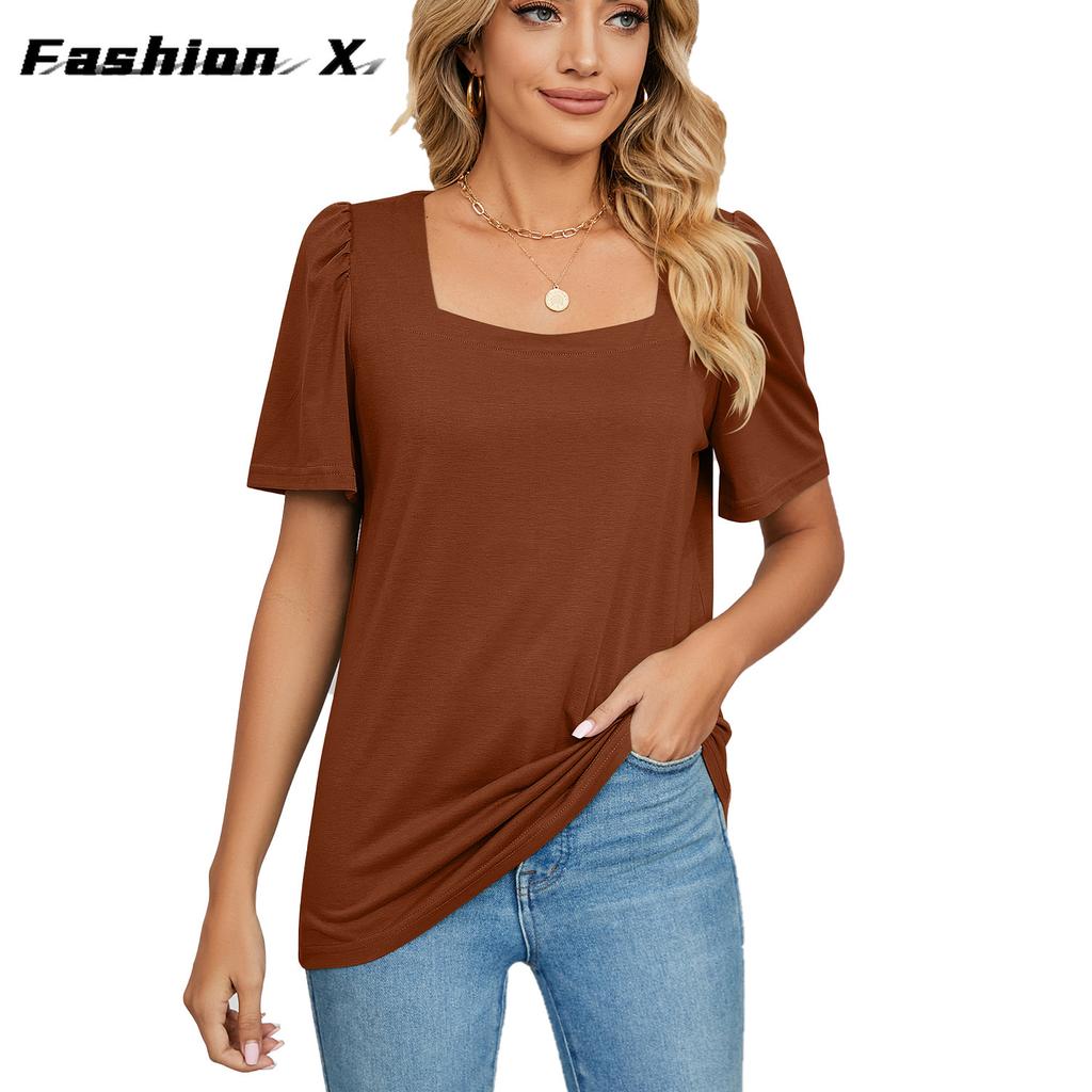 Printemps et Été Nouveau T-shirt ample à manches courtes et col carré de couleur unie Tops tricotés Femme