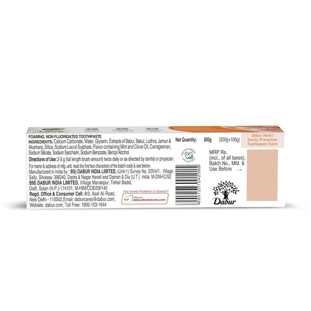 Dabur Herb'l Clove Toothpaste 300g Pack of 2 | Natural Cavity Protection, Gum Care & Oral Freshness | No Fluoride, No Parabens