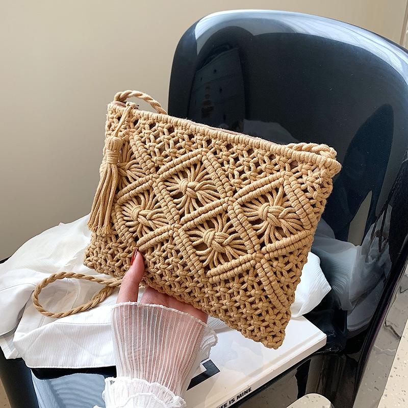 Handgefertigte Baumwollgewebte Gestrickte Quasten Umhängetasche Vintage Schulter Umhängetasche Damenmode Strand Sommer Handtaschen 2023 Tasche