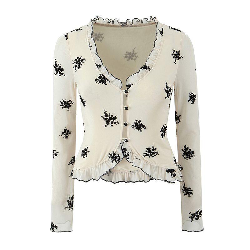 

Pure Desire Rules Motel French style Exquisite Retro Flocking Print V-neck Wooden Ear Pure Desire Long sleeve Cardigan Top Apricot flocking Tops L