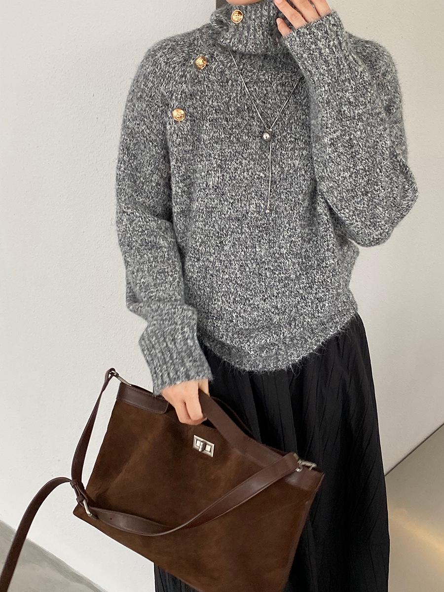 

Women s Winter High Neck Buttoned Long Sleeve Sweater - Cozy Lazy Style Knitwear One Size