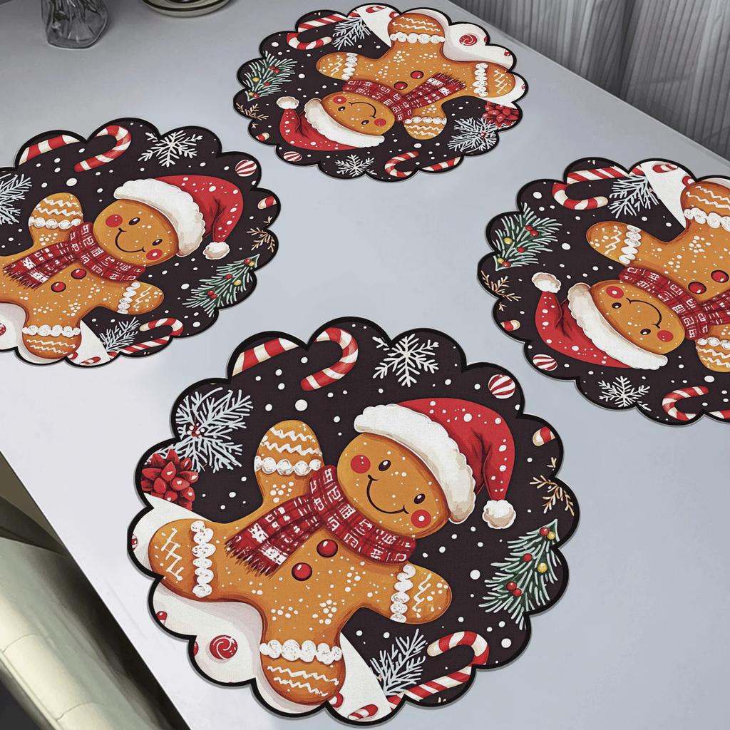 4pcs Winter Gingerbread Pattern Man Placemats Round Non-Slip Table Mats Heat-Resistant Winter Dining Christmas Party Decoration