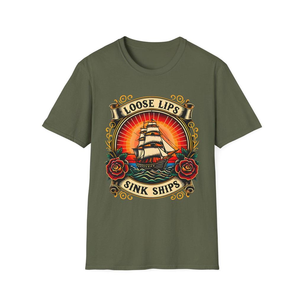 Loose Lips Sink Ships Tee Shirt, Unisex Softstyle Shirt, Fun Gift for Sailors, Casual Wear, Beach Outfit