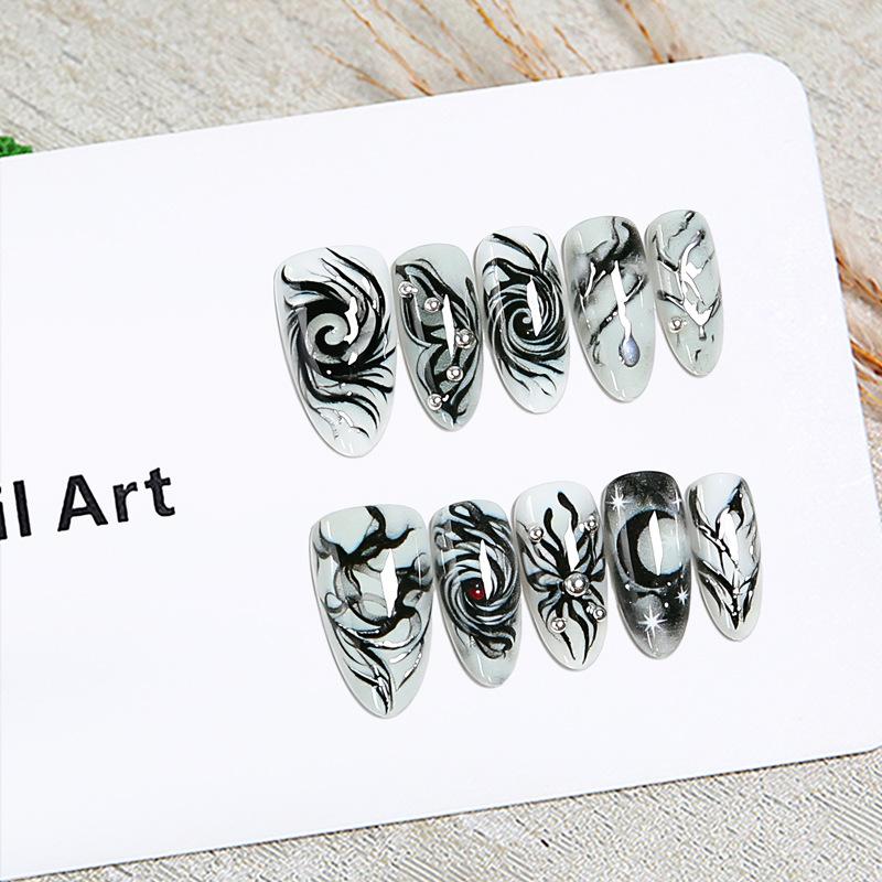European And American Halloween Wear Nails Black And White Smudged Swirl Star And Moon Metal Almond Handmade Fake Nails