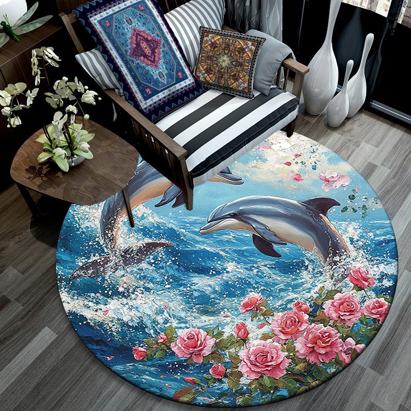 Dolphins Round Area Rug,Carpet Rug for Living Room Bedroom Sofa Playroom Decor,Non-slip Floor Mat