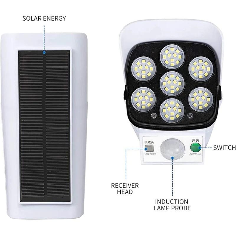 Solar Light Motion Sensor Security Dummy Camera Wireless Outdoor Flood Light IP65 Waterproof 77 LED Lamp 3 Mode for Home Garden