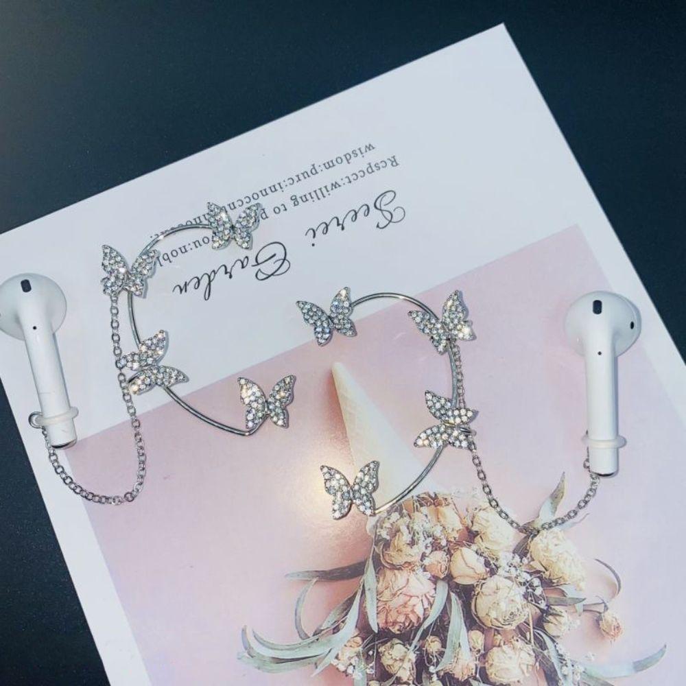 1 pair Protection Chain Rhinestone Butterfly Earhook Snowflake Bluetooth Earphone Holders  Earring
