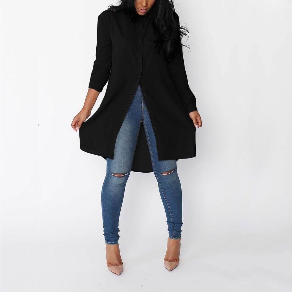 

Новые женские шифоновые топы Весенне-летняя рубашка с лацканами Длинная блузка Повседневный сарафан На пуговицах Сексуальные Свободные Необычные шифоновые рубашки XXL чёрный