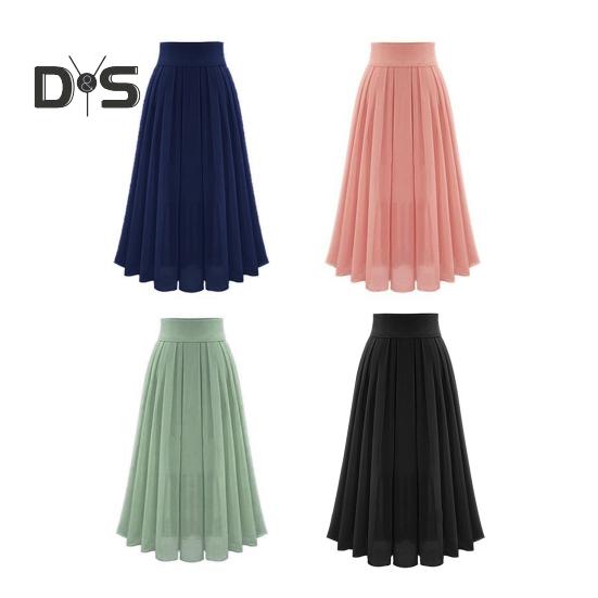 Women Skirt High Waist Pleated Loose Solid Color Elastic Waist Soft Double Layered Mid Calf Length Lady Prom Party Daily Midi Skirt