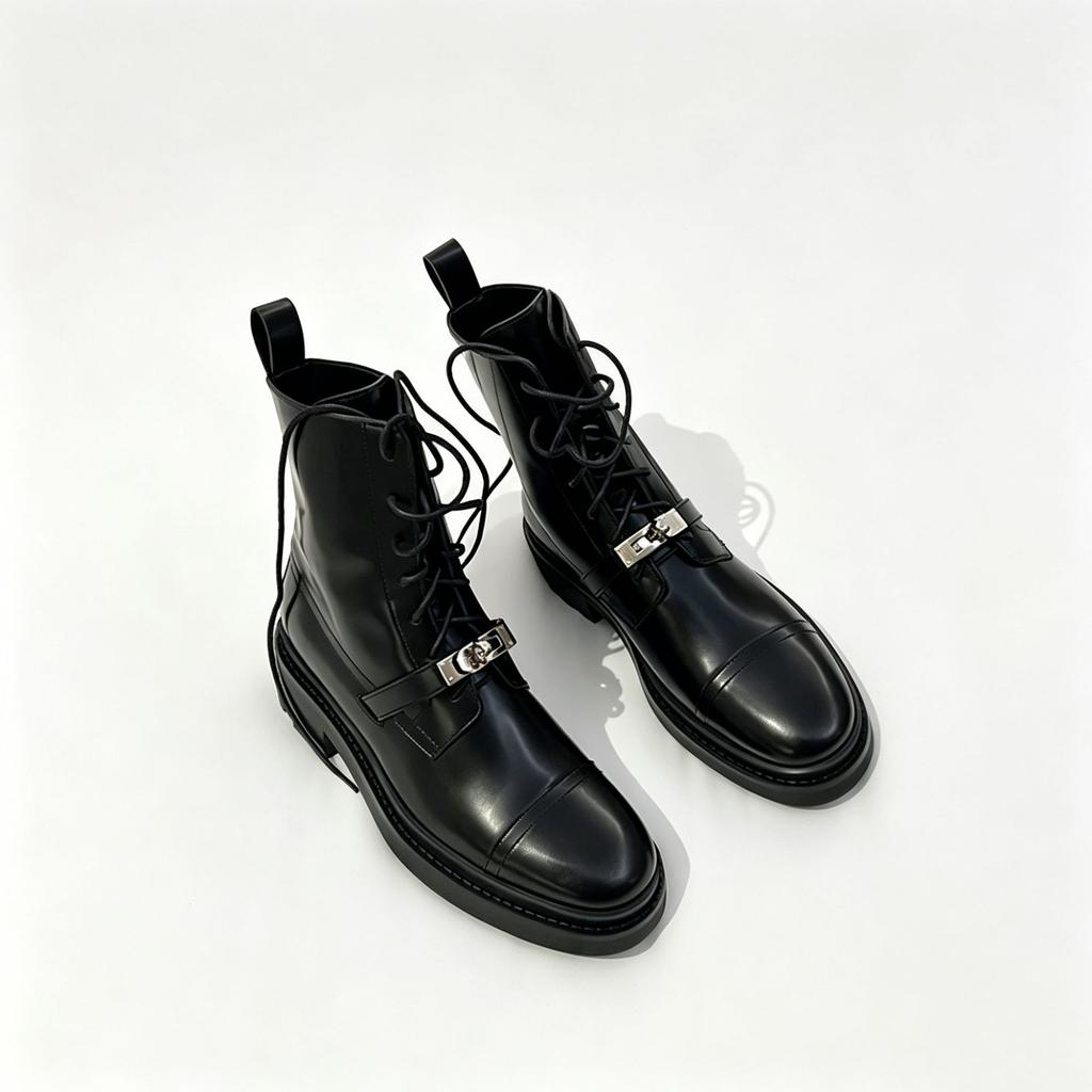 Explosive metal lock round head lace-up Martin boots women's British style versatile and thin locomotive boots thick heel women's short boots