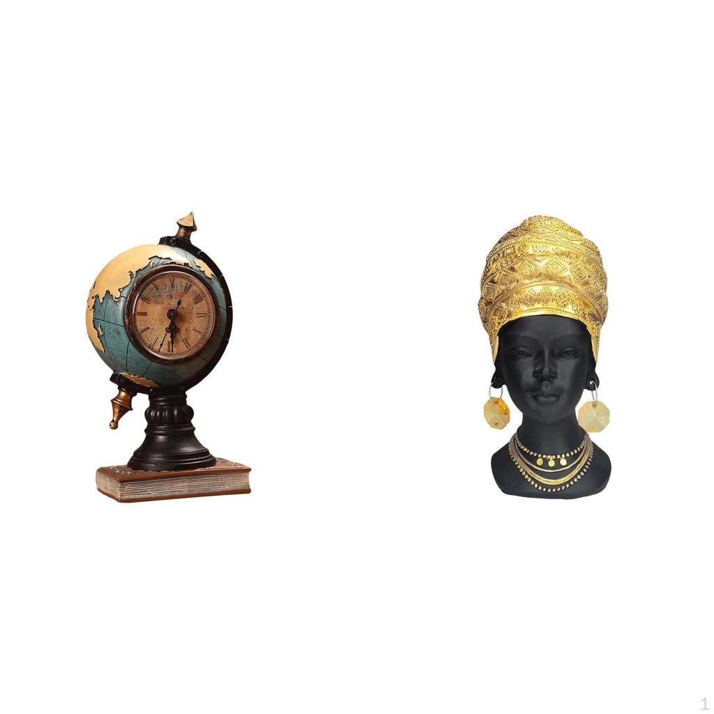 Figurine Table Clock And African Woman Statue Creative Resin Sculpture Ornament for Office Shelf