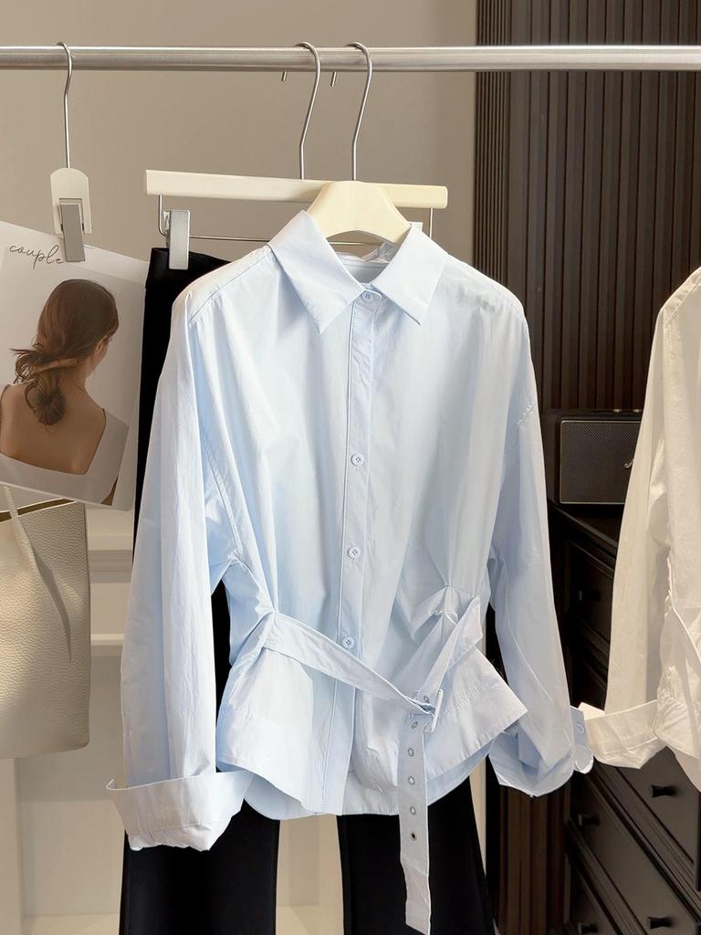 Women's Spring Korean-Style Pleated Waist Lapel Shirt - Loose Fit, Long Sleeve Layering Top