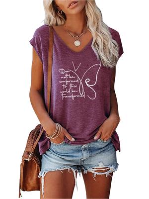 Damenmode V-Ausschnitt Kurzarm Top Sommer Casual Print T-Shirt