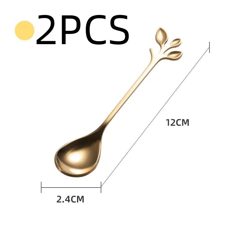 HANYANG Obstgabel aus Edelstahl, goldene Blätter, kreativer Gabellöffel aus Edelstahl, bunter Kaffeerührlöffel