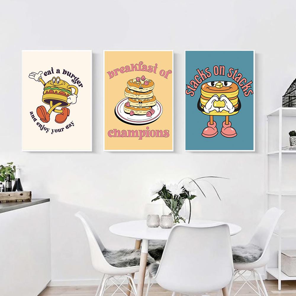 Nursery School Wall Art Cartoon Poster Print Hamburger Ice Cream Cherry Foods Canvas Painting Kitchen Cooker Kid Room Home Decor