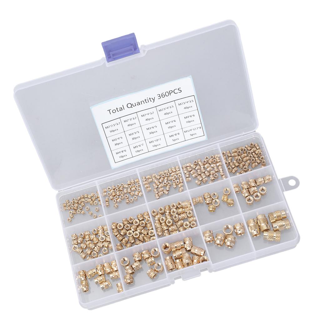 335/360 kusů víceúčelových mosazných závitových vložek s rýhovaným závitem M2 až M6 pro plastové díly a 3D tiskové aplikace