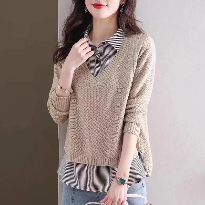 

Fake Two Piece Top Knit Sweater Women s Splice Shirt Collar Spring Autumn Korean Loose Long Sleeve Sweater Brown Shirt One size бежевий